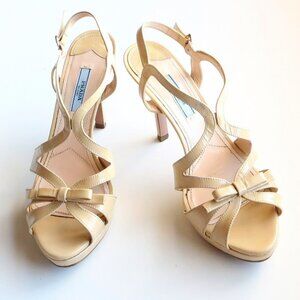 Prada Pale Yellow Patent Leather Strappy Platform Heels Sandals w Bow Size 7.5